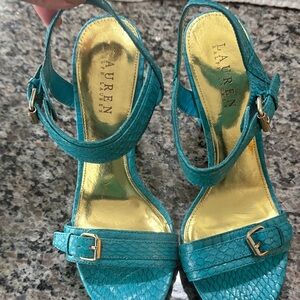 Lauren Ralph Lauren Teal Snake-Effect Slingback Heels